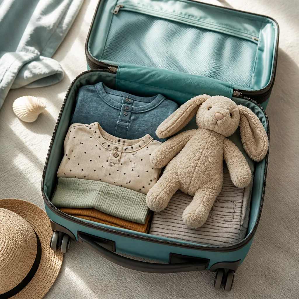 open small bag with folded children's clothes and a soft toy, flat lay, no people