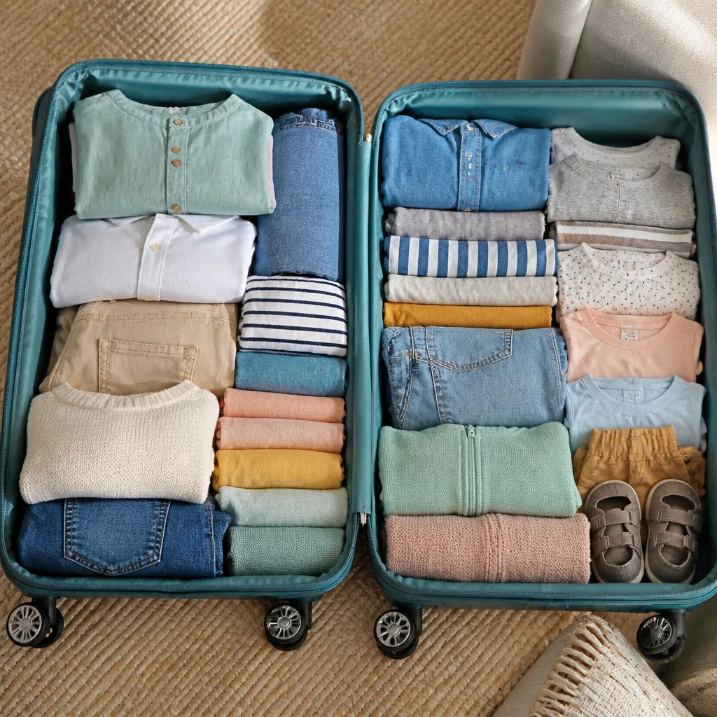 open large suitcase with folded clothes for adults and children stacked by outfit, flat lay, no people