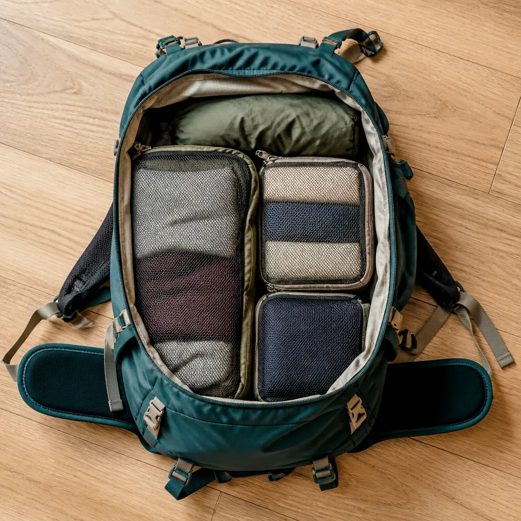 open backpack packed with compression cubes and a rolled jacket, flat lay on wooden floor, no people