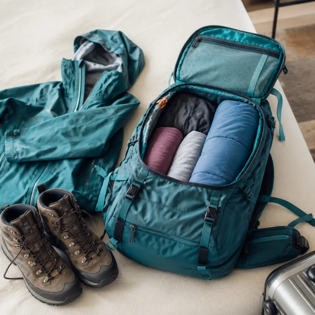 open hiking backpack with rolled trekking clothes, hiking boots and a rain jacket, flat lay, no people