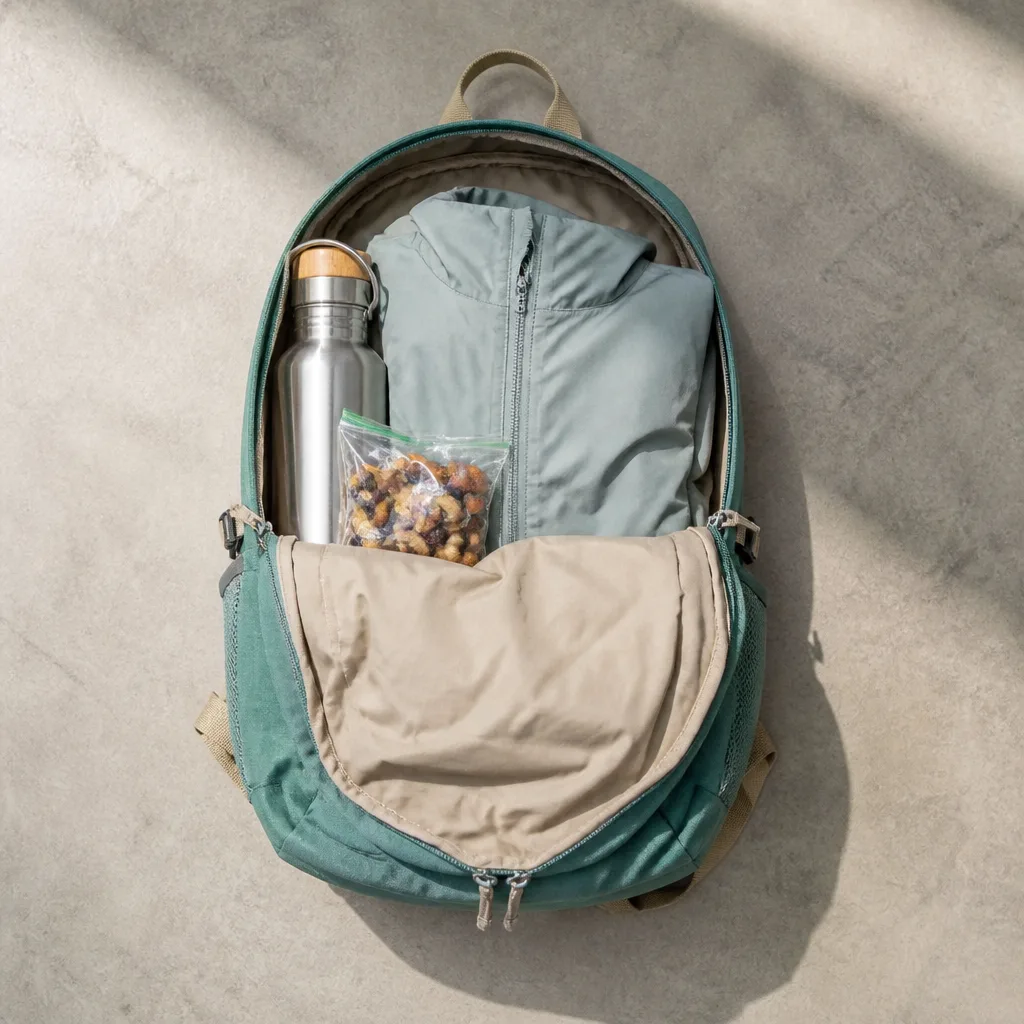 small open daypack with a water bottle, snacks and a light jacket, flat lay, no people
