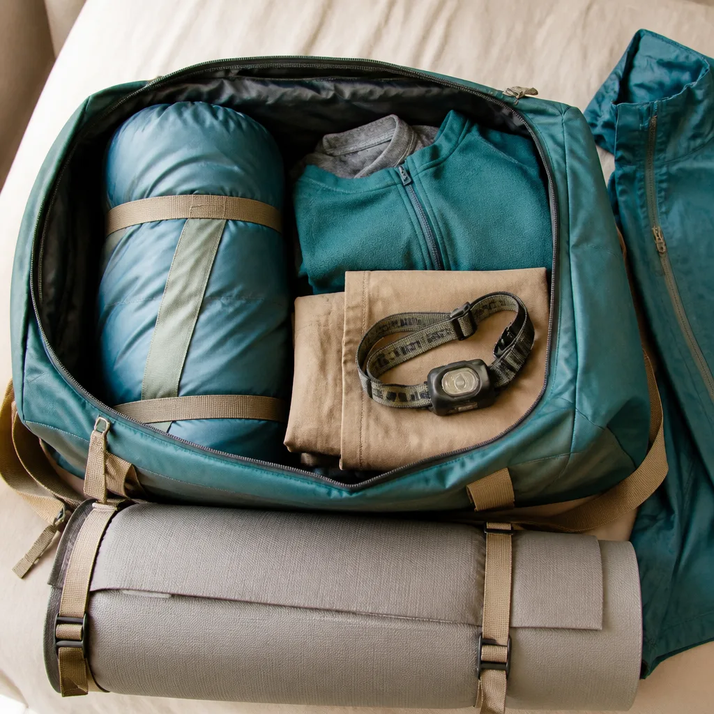 open camping duffel bag with a rolled sleeping bag, headlamp and folded outdoor clothes, flat lay, no people