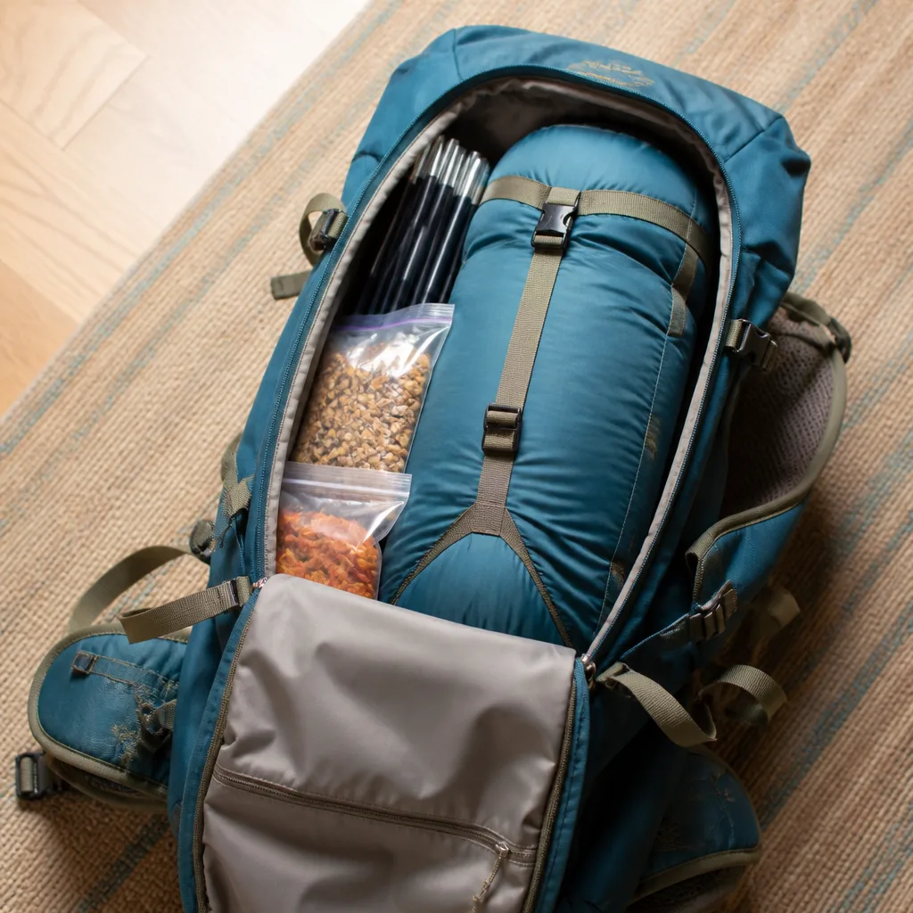 open large trekking backpack with a compressed sleeping bag, tent poles and packed food bags, flat lay, no people