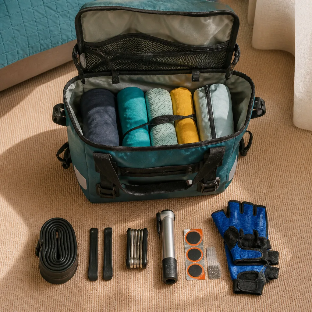 open bicycle pannier bag with rolled cycling clothes and a repair kit, flat lay, no people