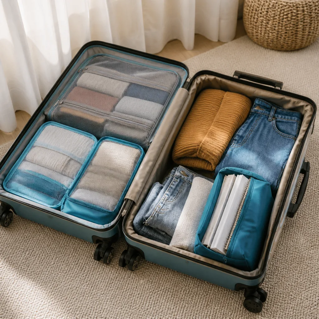 open large suitcase with organized packing cubes, folded seasonal clothes and documents pouch, flat lay, no people