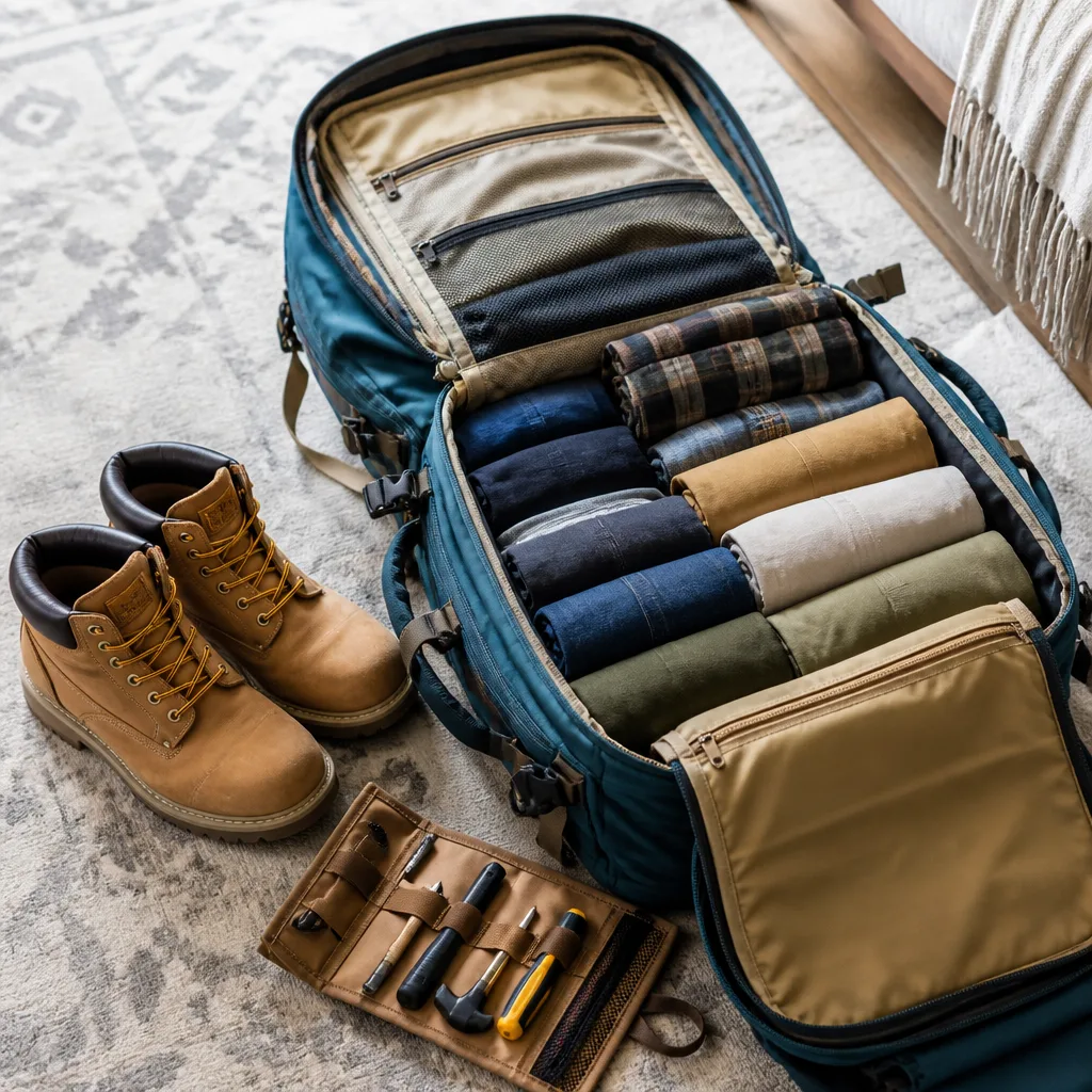 open backpack with rolled versatile clothing, work boots and a small tool pouch, flat lay, no people