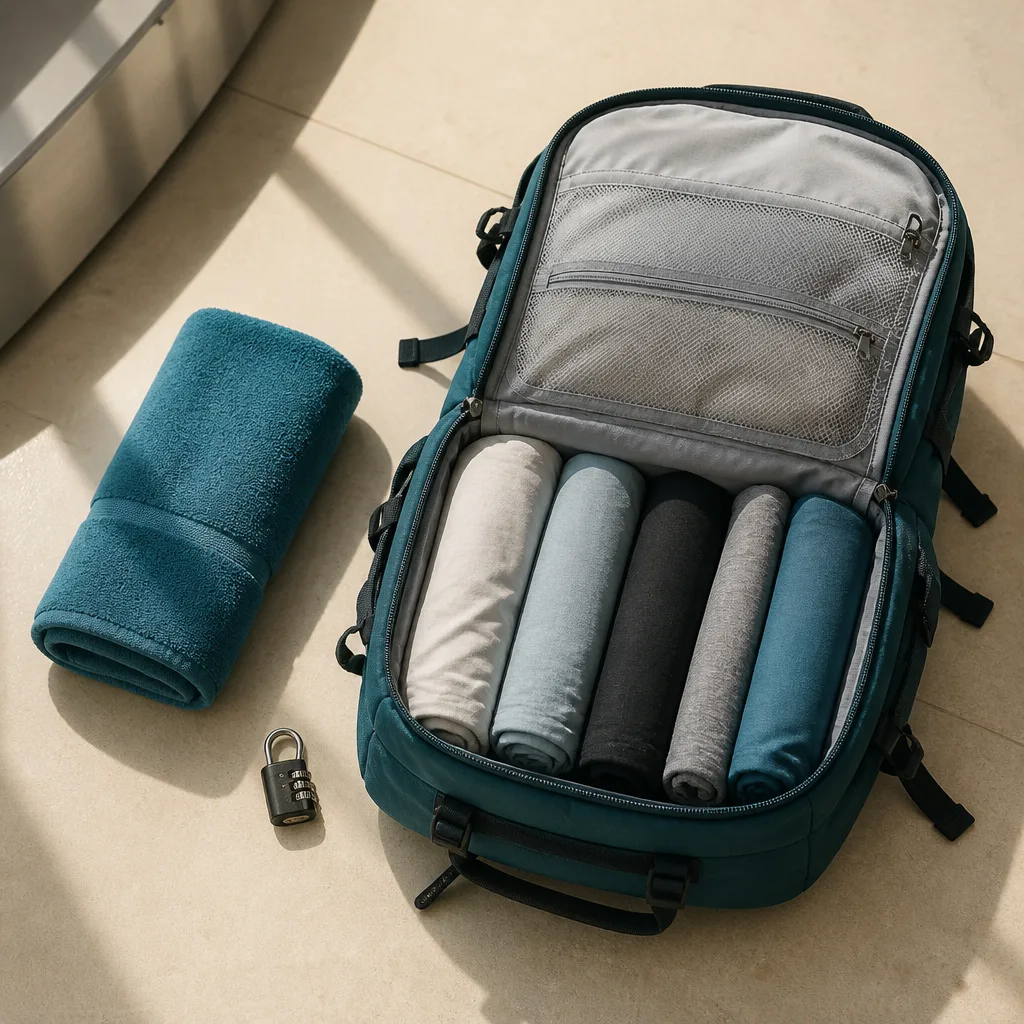 open travel backpack with compressed clothing rolls, a travel towel and a small lock, flat lay, no people