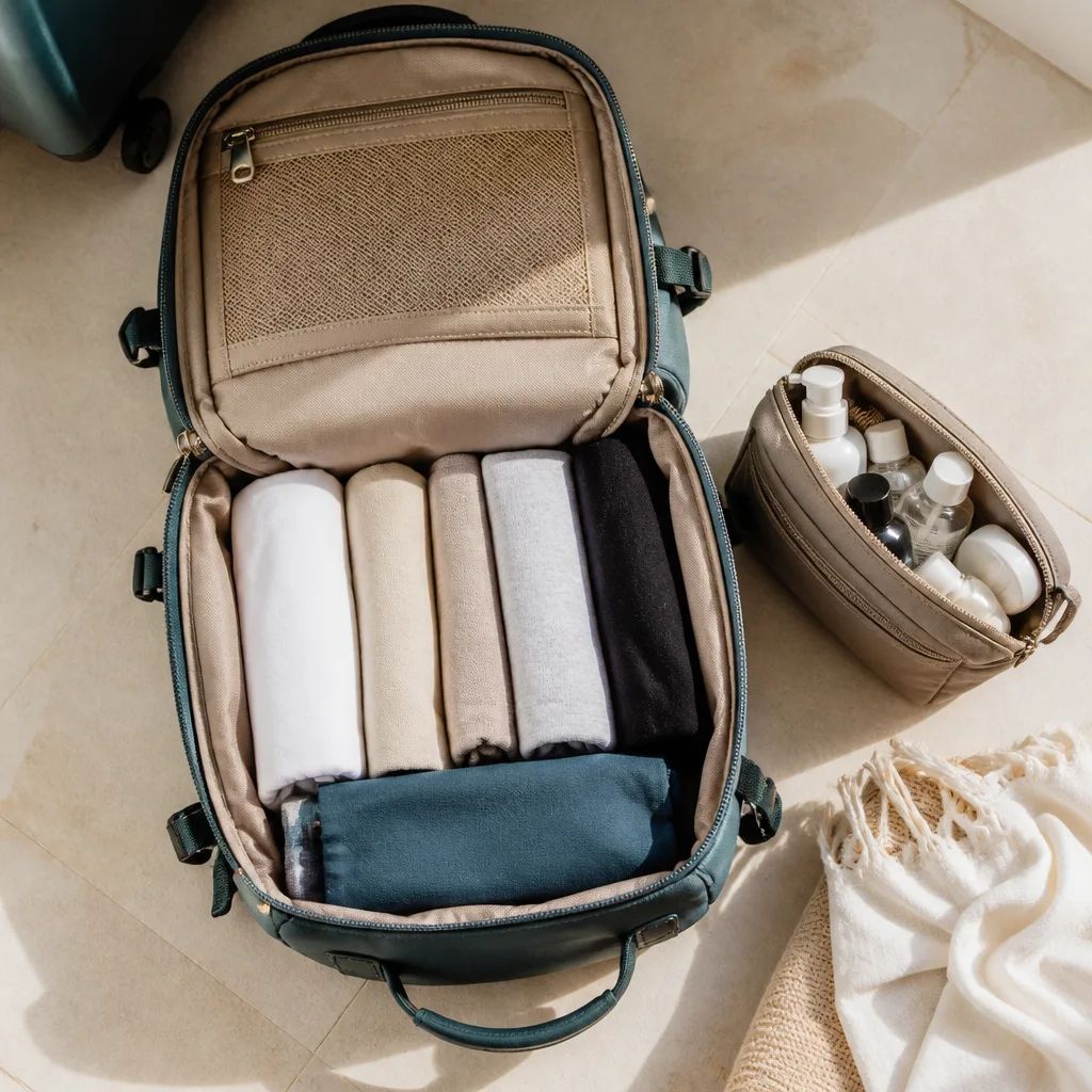 open small cabin backpack with minimalist rolled clothing and a compact toiletry bag, flat lay, no people