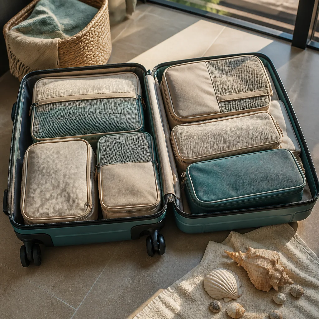 open large suitcase organized with labeled packing cubes for different seasons and activities, flat lay, no people