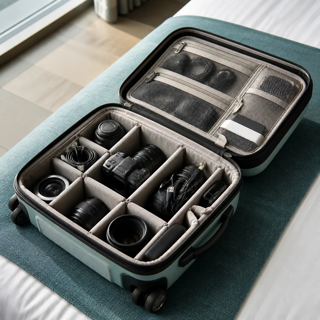 open suitcase with padded camera compartment, lenses and cables arranged in foam inserts, flat lay, no people
