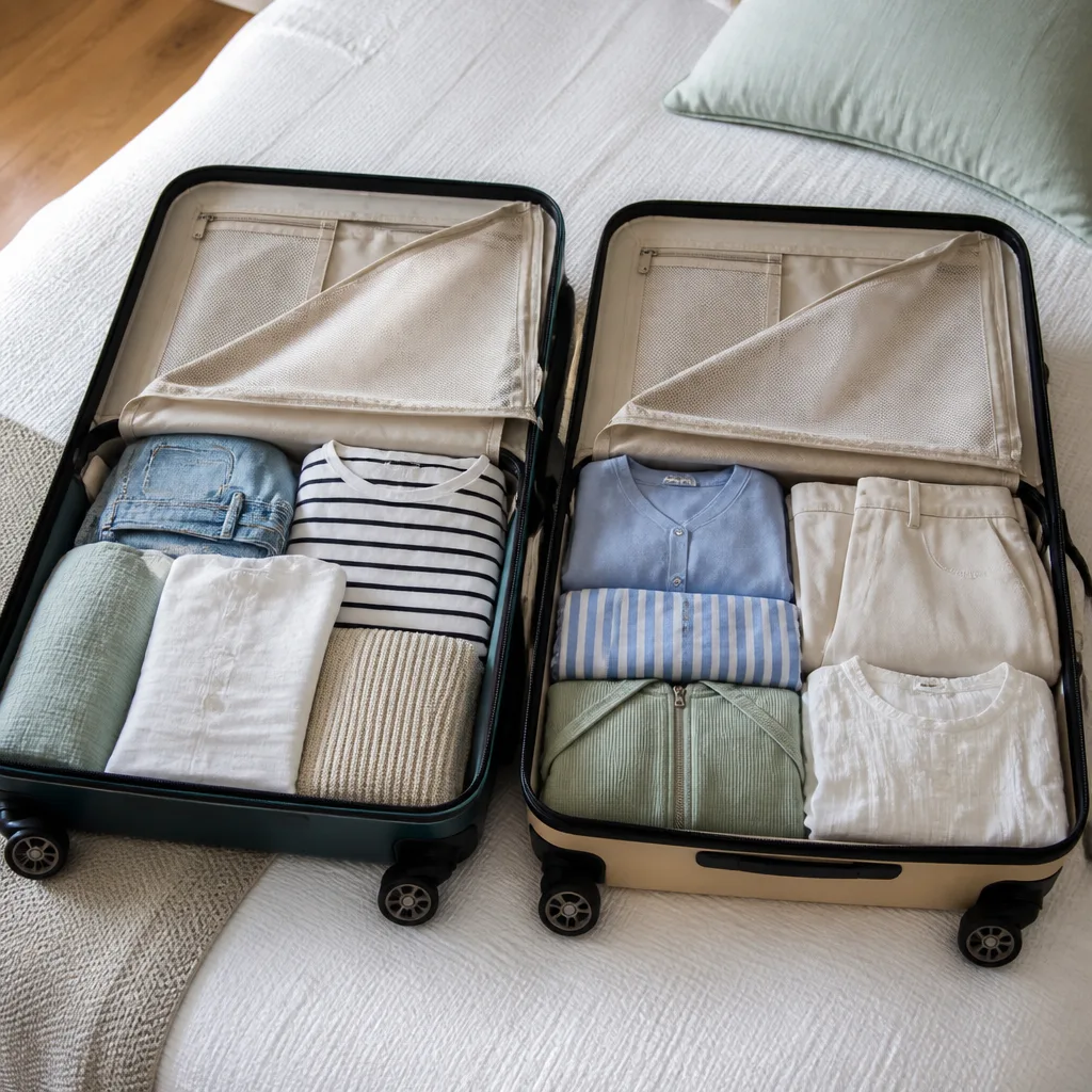 two open cabin suitcases side by side on a bed, packed with folded clothes, flat lay, no people