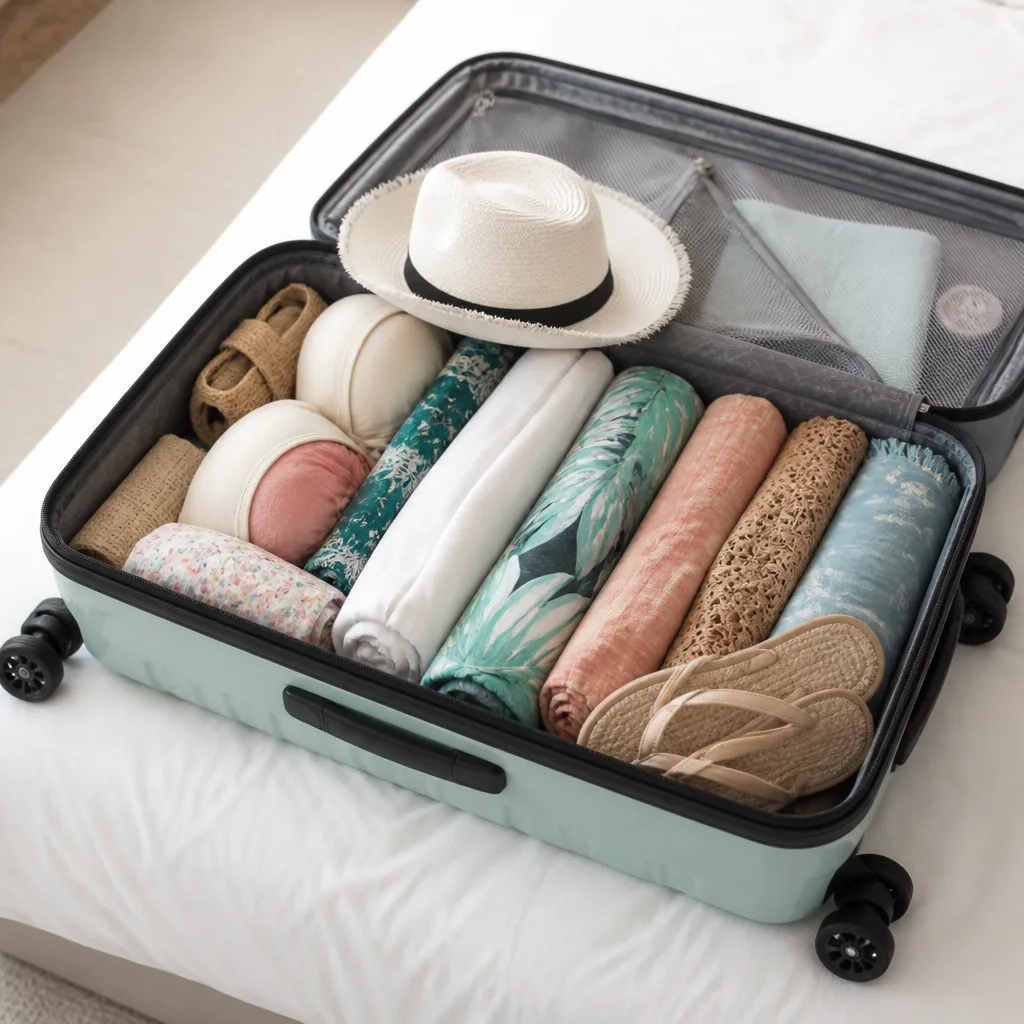 open large suitcase packed with rolled swimwear, sarongs and sandals, flat lay on a bed, no people