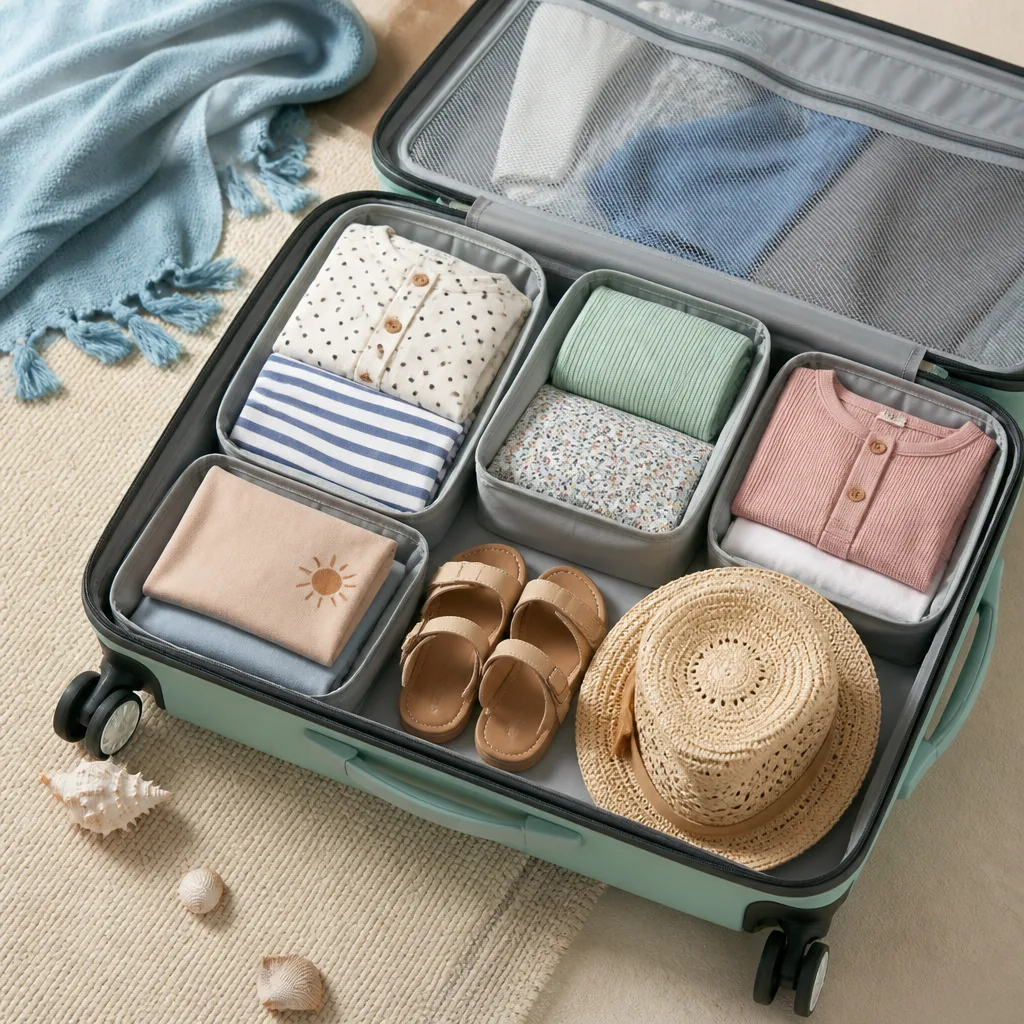 open suitcase with folded children's clothes, small sandals and a sun hat arranged neatly, flat lay, no people