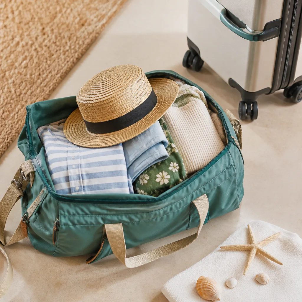 open weekender bag with folded beach clothes and a straw hat, flat lay, no people