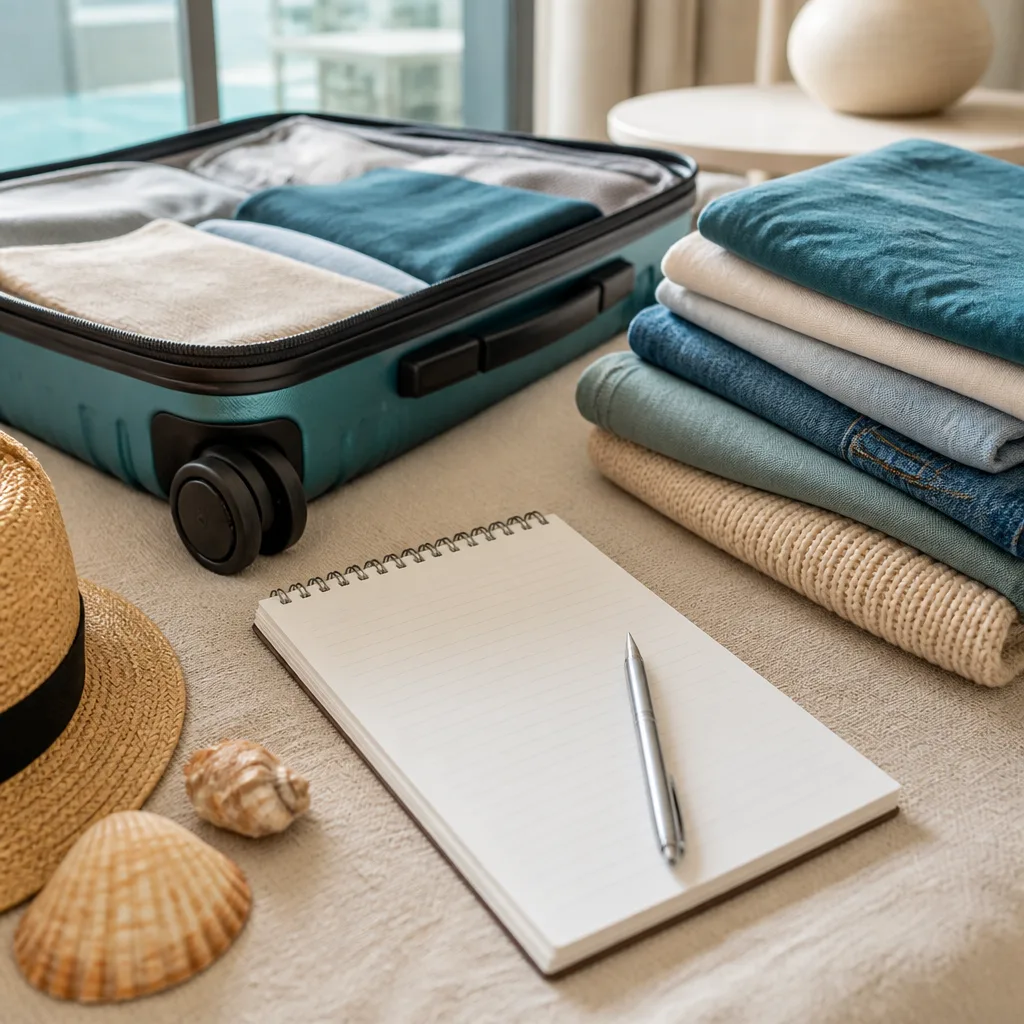 Handwritten packing checklist on a notepad next to folded travel clothes, flat lay, no people