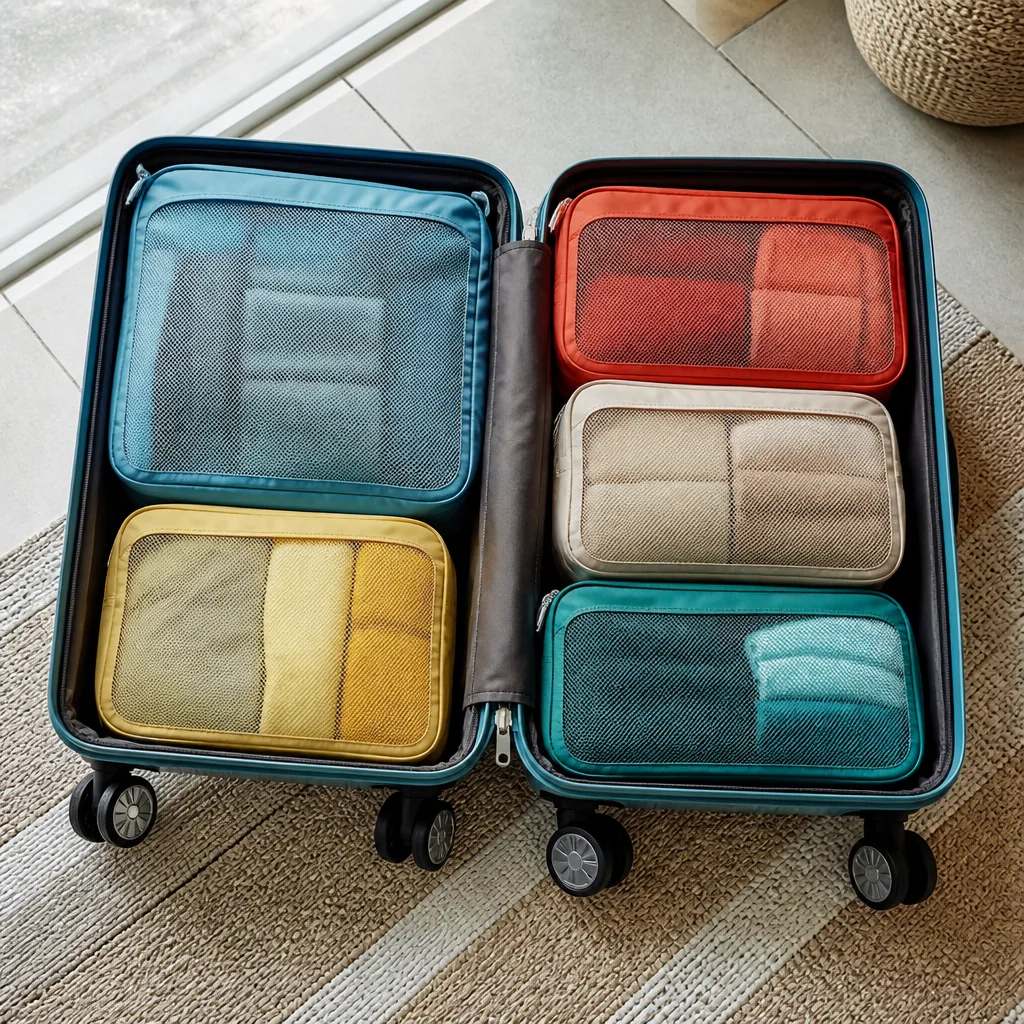 Open suitcase filled with color-coded packing cubes organized by category, flat lay, no people