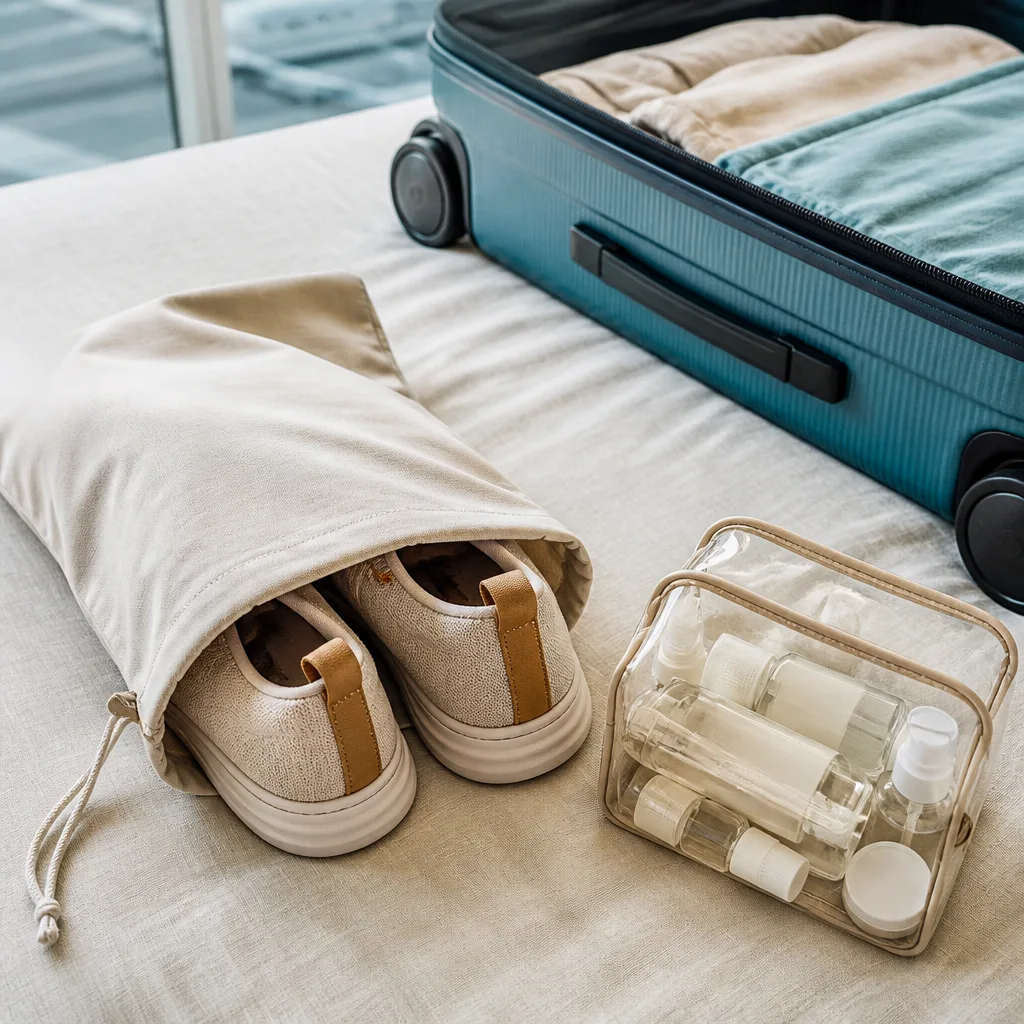 Pair of travel shoes wrapped in a fabric shoe bag next to a clear liquids pouch with small toiletry bottles, flat lay, no people