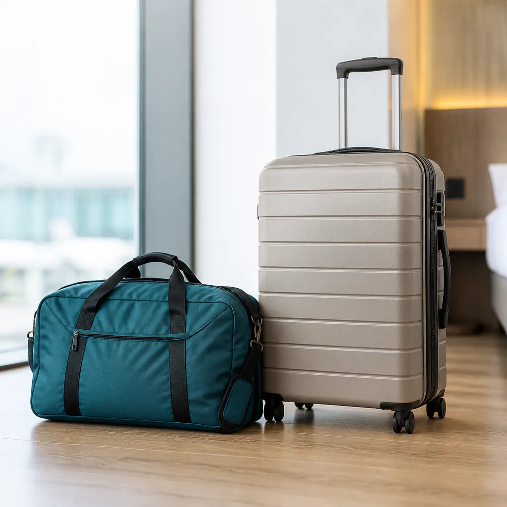soft duffel travel bag next to a hardshell suitcase on a wooden floor, side by side comparison