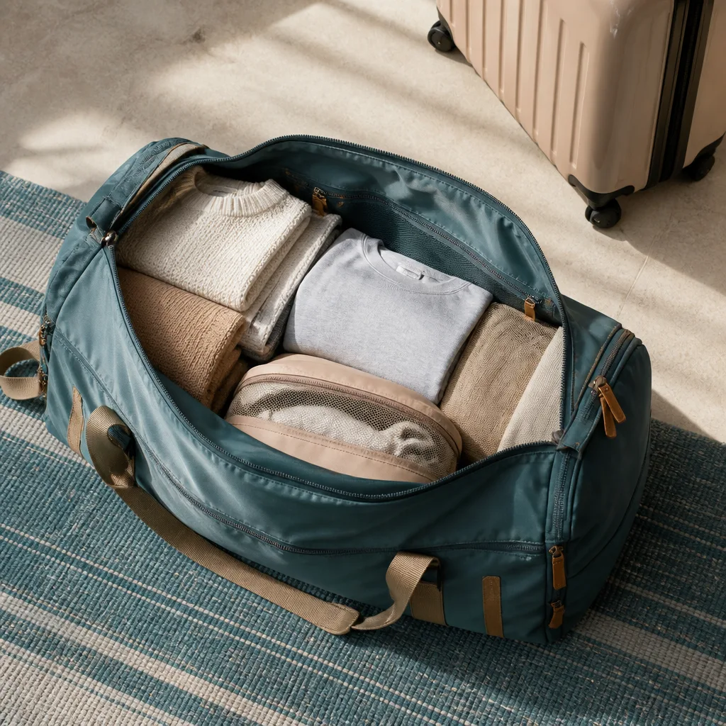 open duffel bag packed with folded clothes and packing cubes, top view