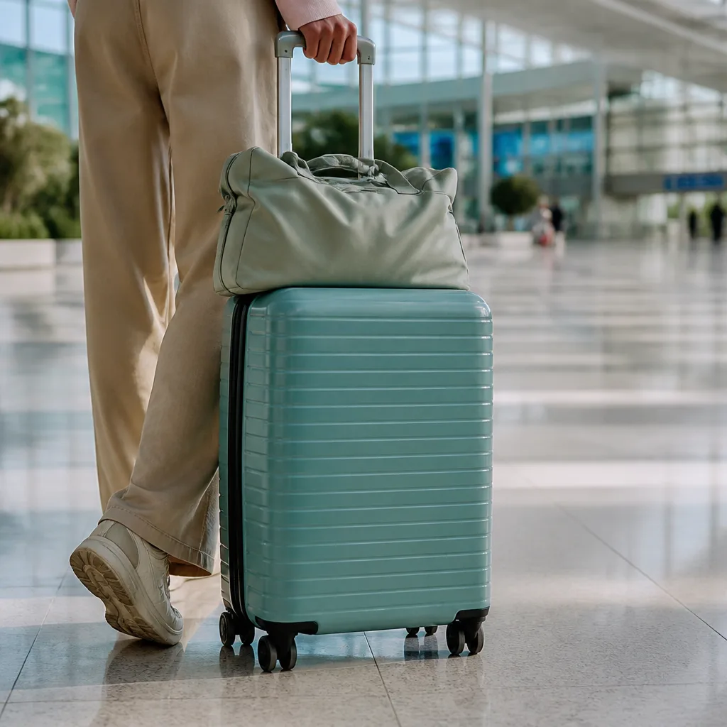 traveler wheeling a hardshell suitcase through an empty airport terminal, no faces visible