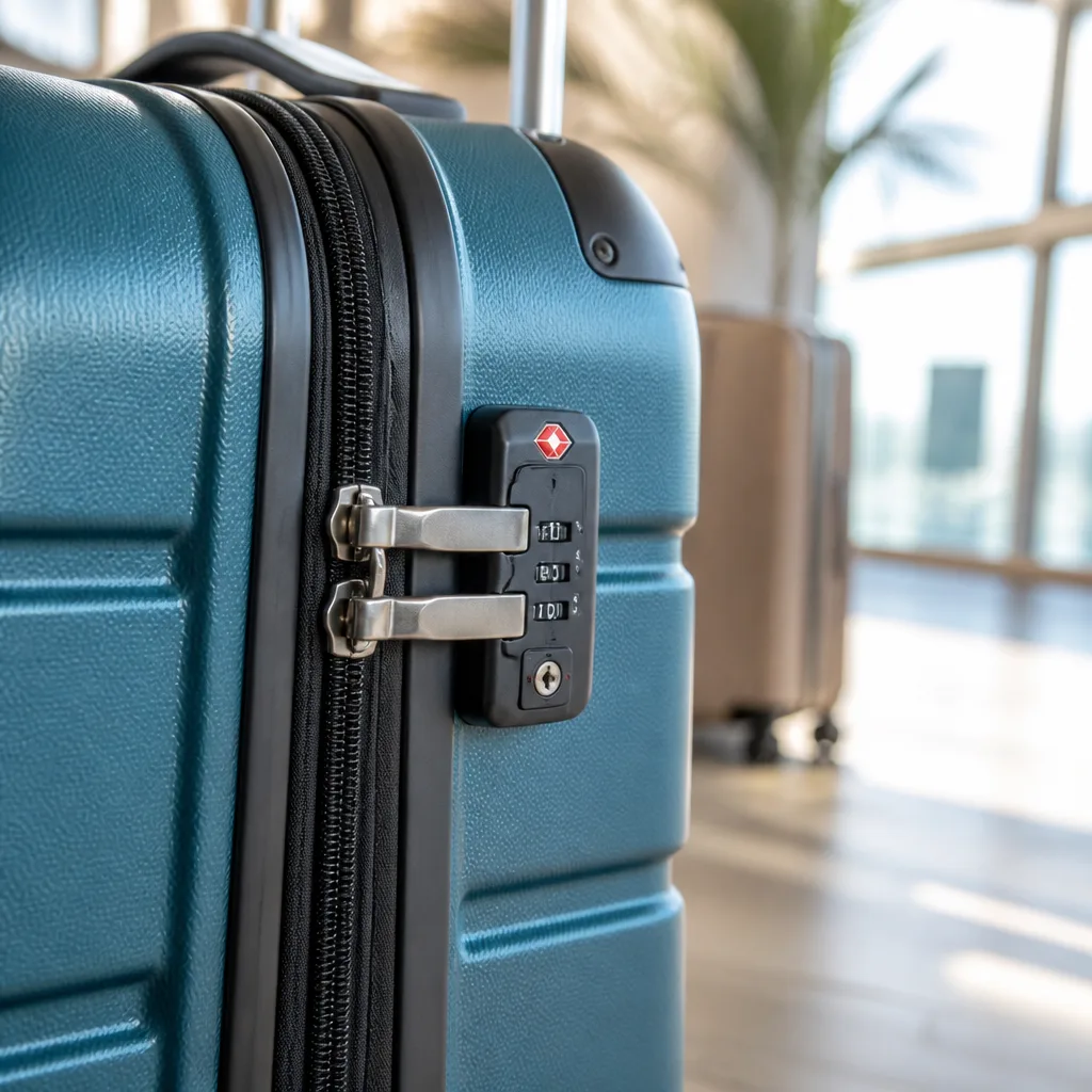Nahaufnahme eines TSA Zahlenschlosses an einem Kofferreißverschluss mit rotem Rautensymbol